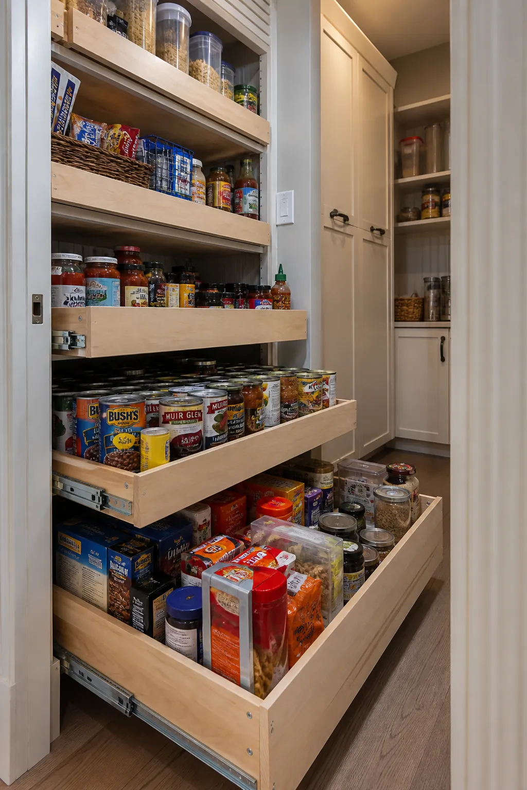 Deep pantry bay fitted with full extension pull out shelves