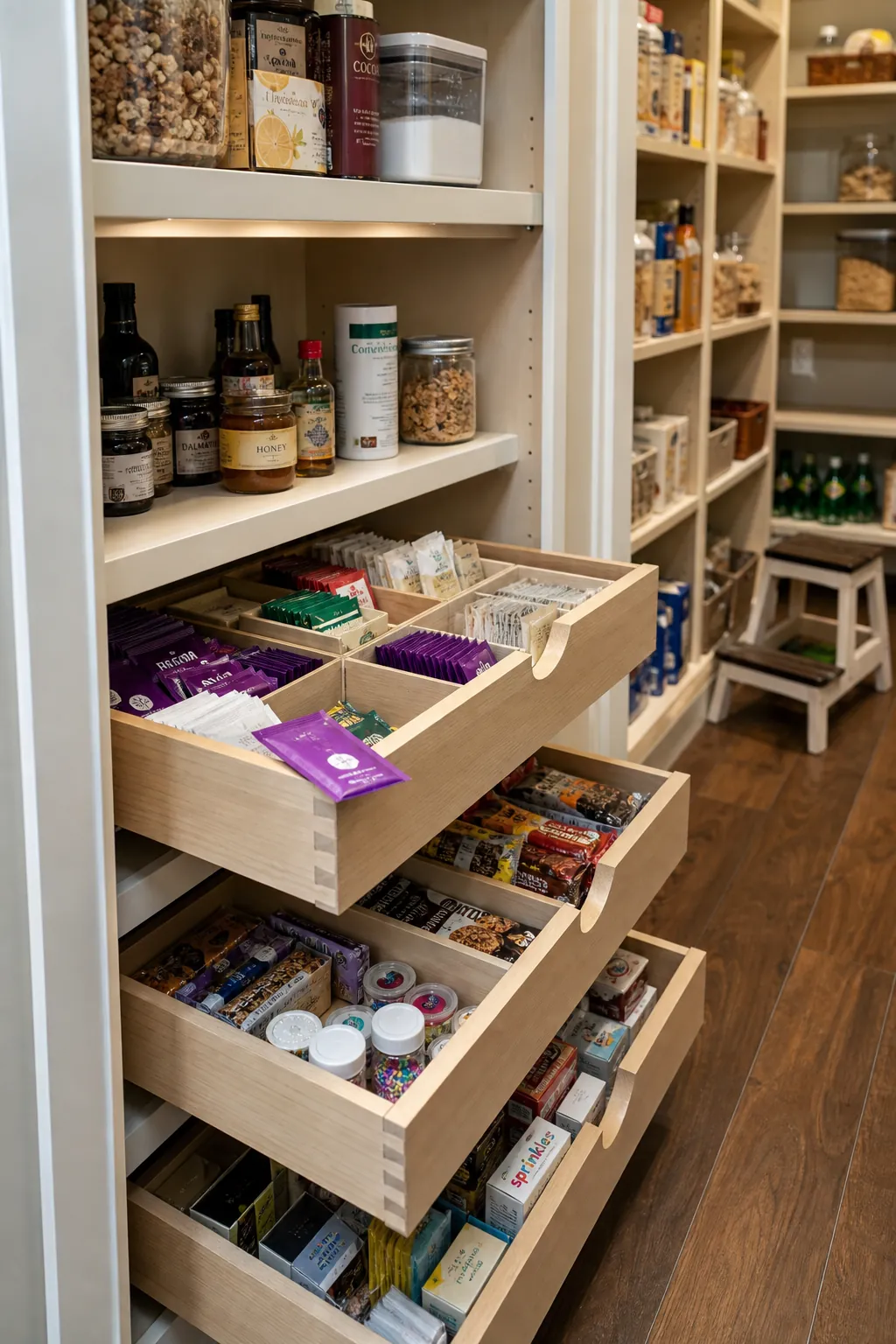 Walk in pantry drawers organizing packets and small food items