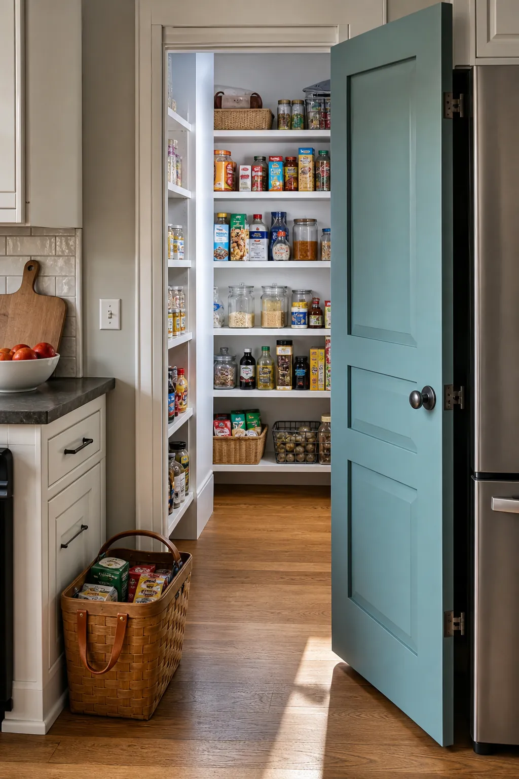 Compact walk in pantry with an outward swinging door