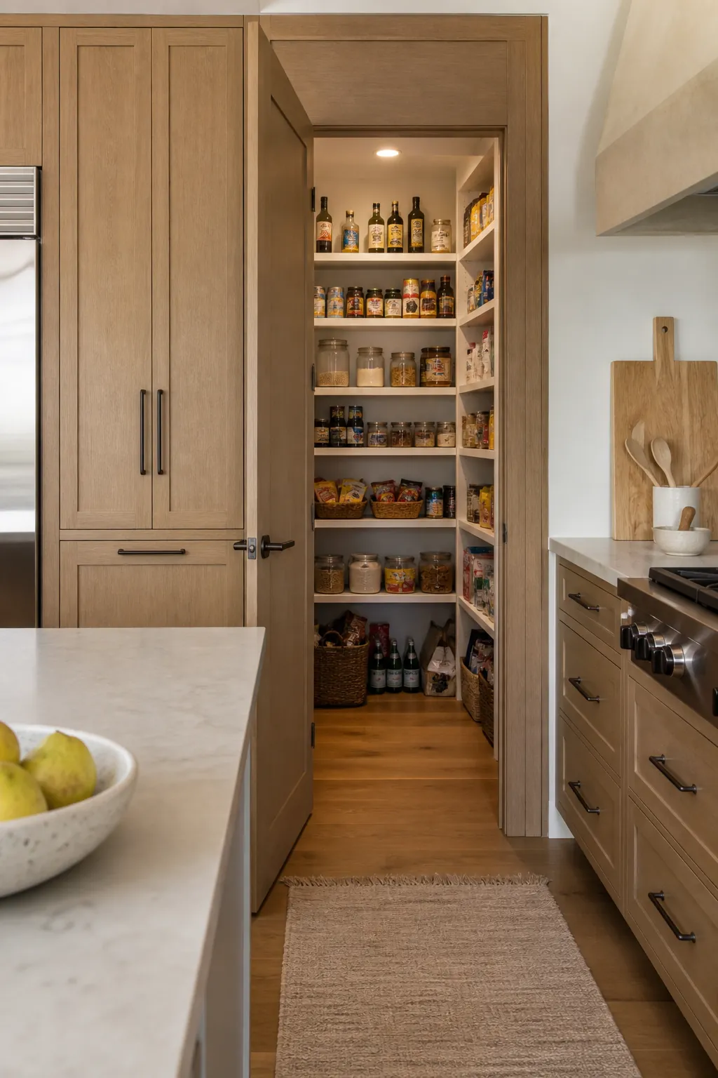 Hidden walk in pantry entry integrated into kitchen cabinetry