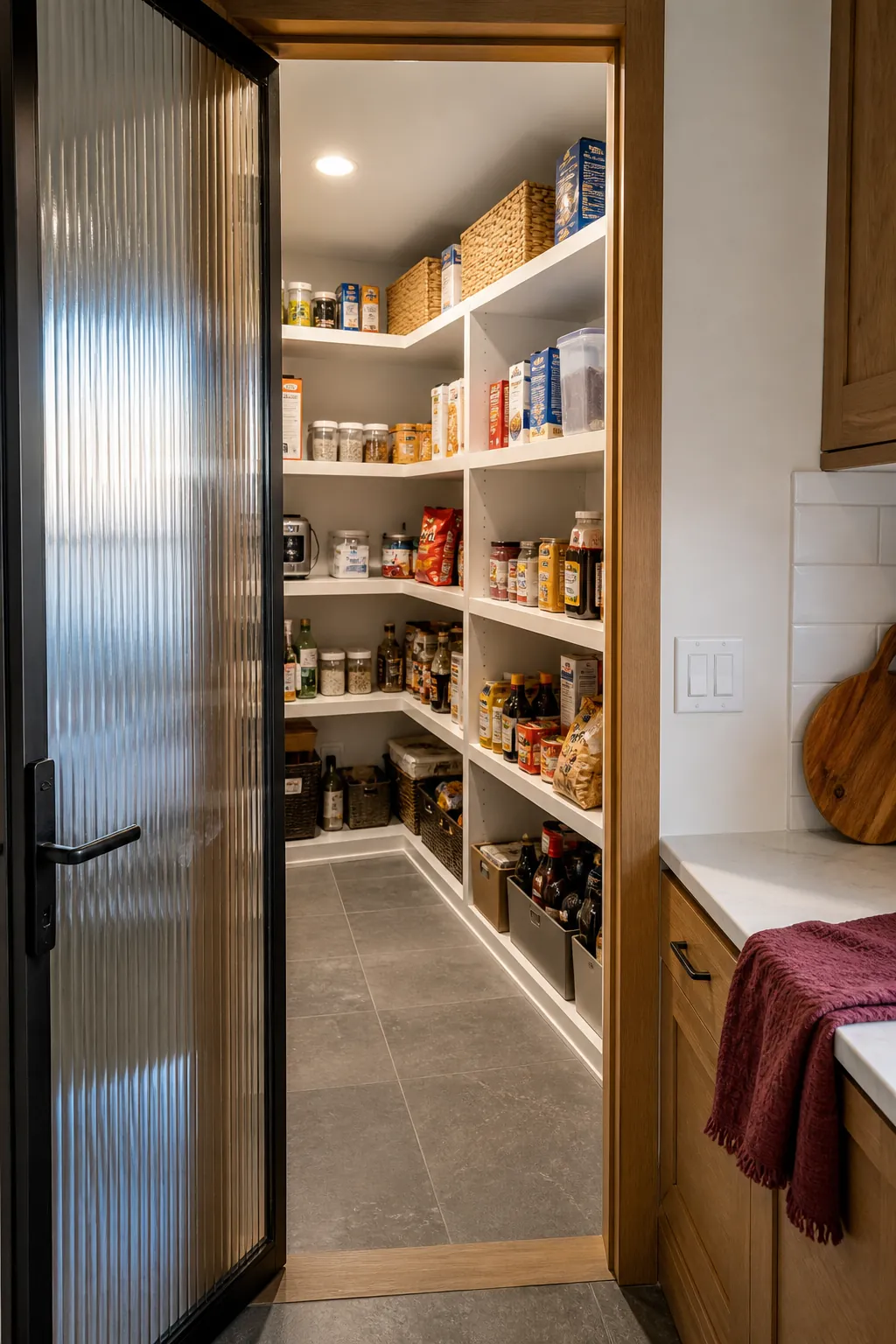 Walk in pantry entrance with a softly lit reeded glass door
