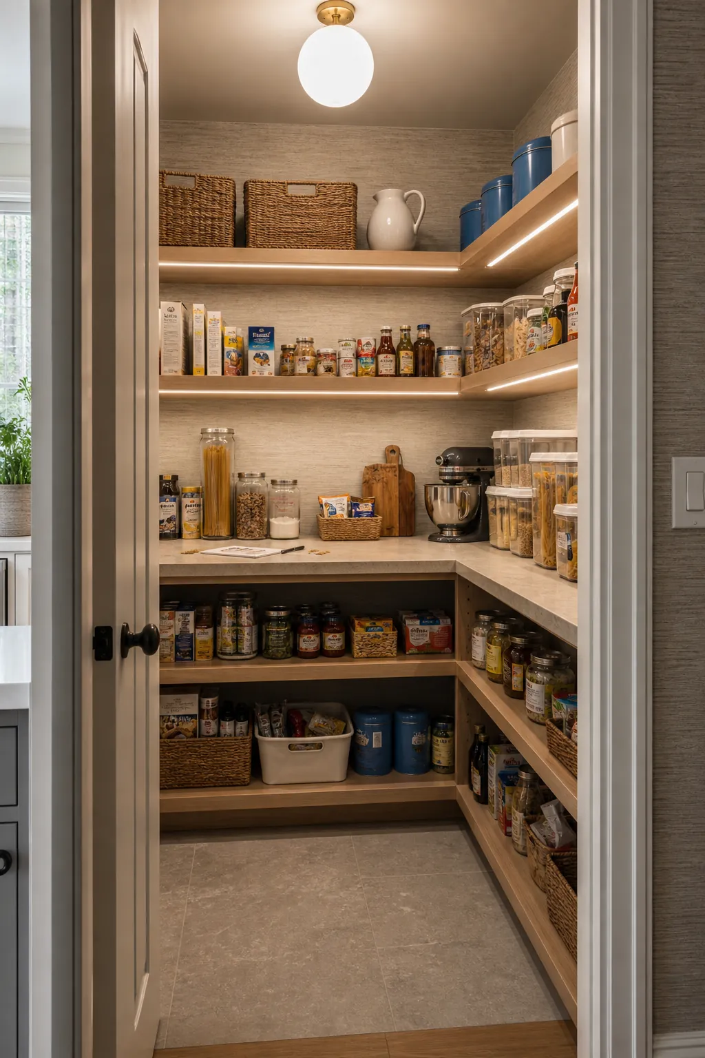 Walk in pantry with ceiling light and subtle under shelf lighting