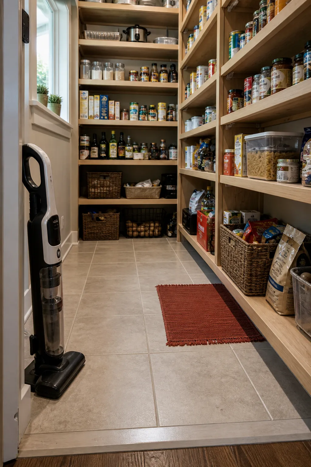 Durable easy clean tile floor in a walk in pantry
