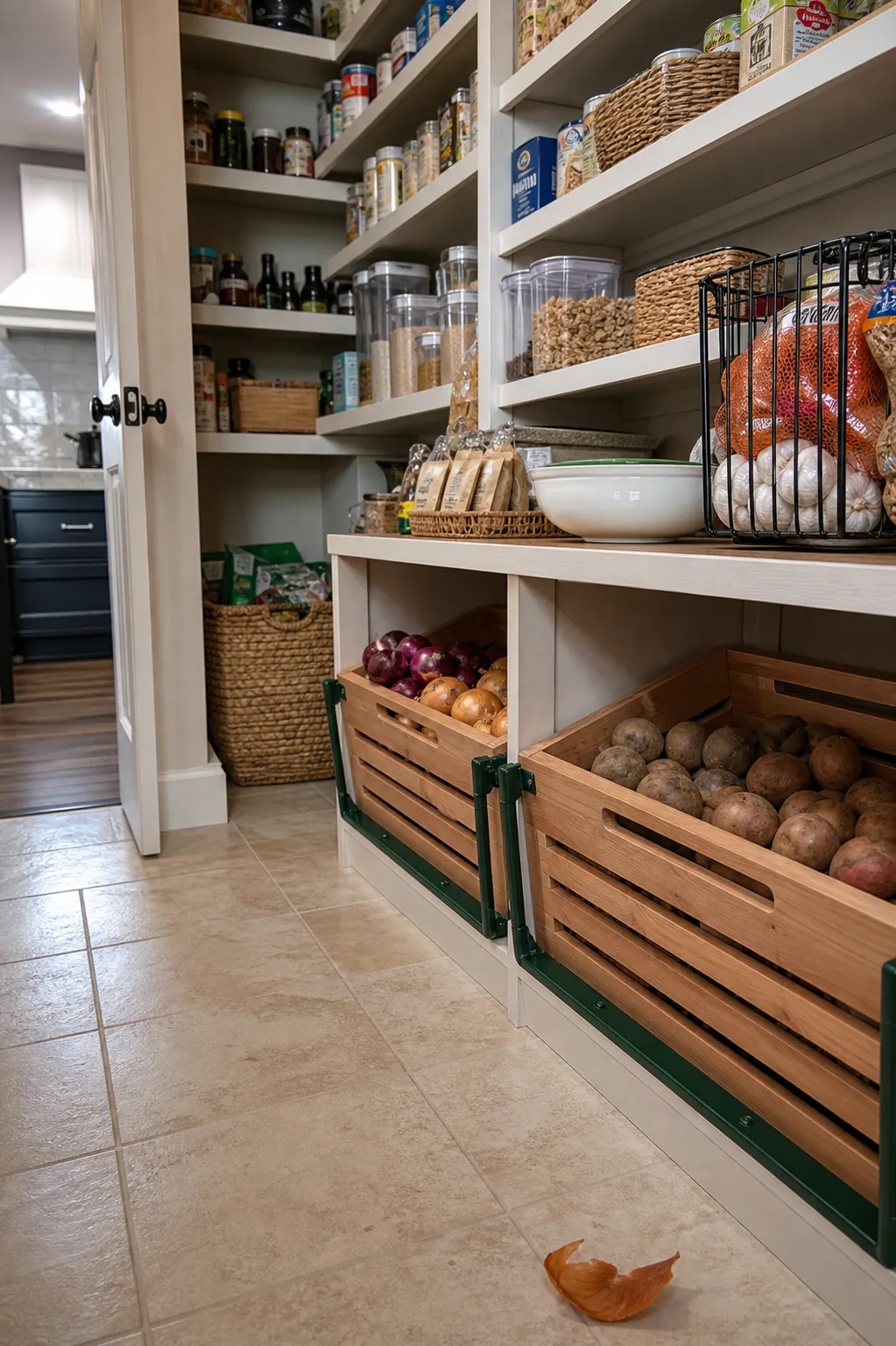 Ventilated produce bins in the lower section of a walk in pantry
