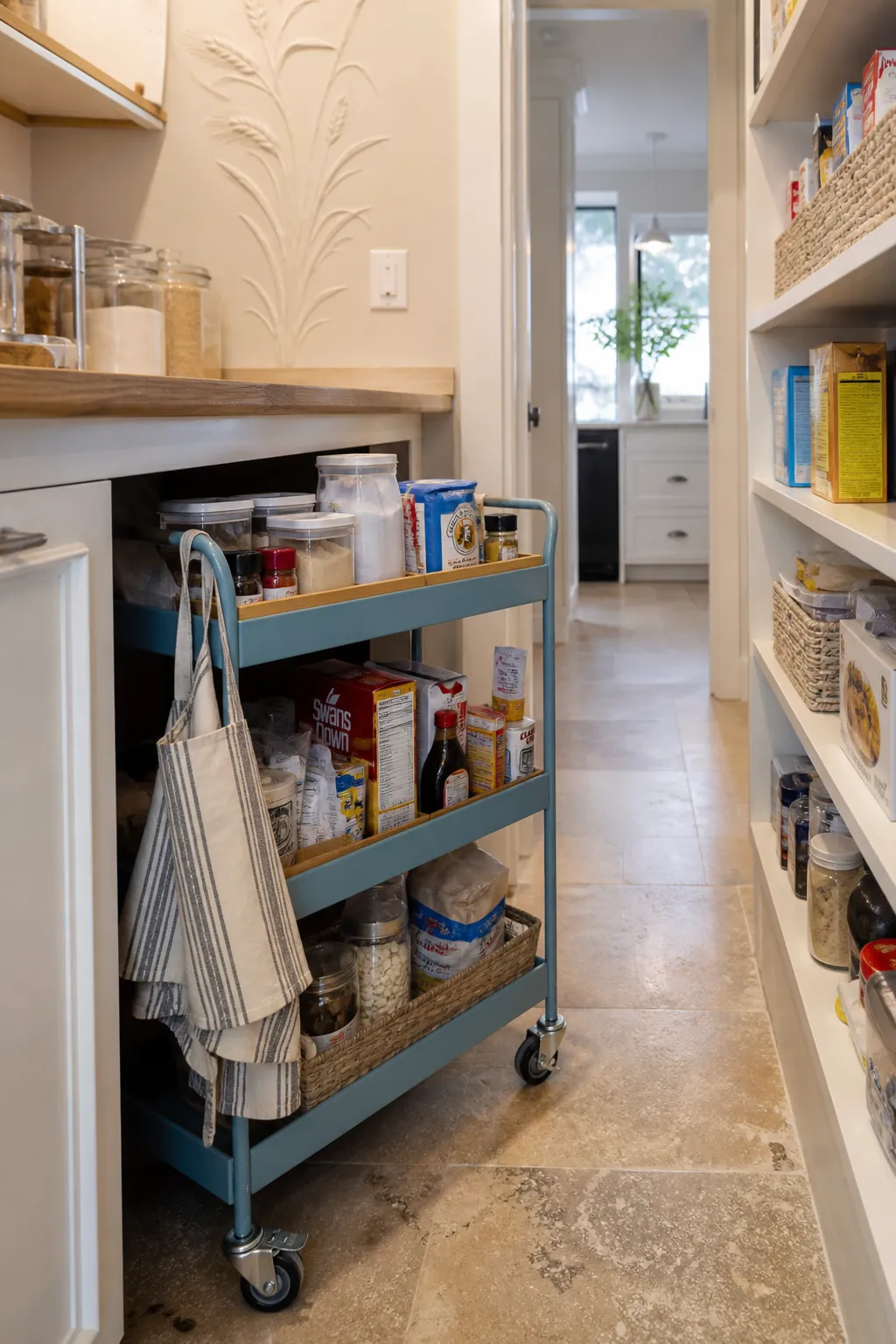Slim rolling cart stored beneath a walk in pantry counter