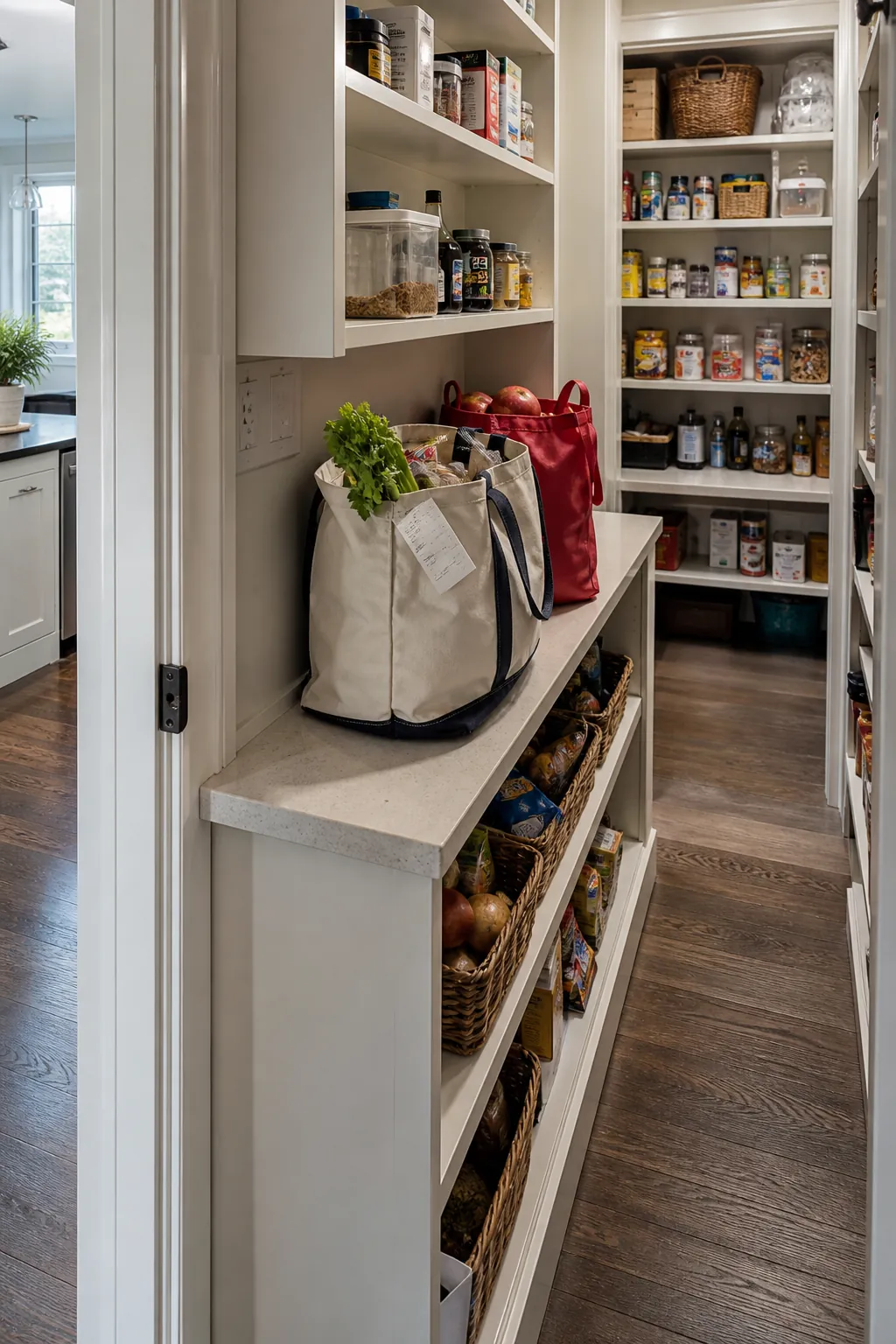 Clear grocery landing counter near a walk in pantry entrance