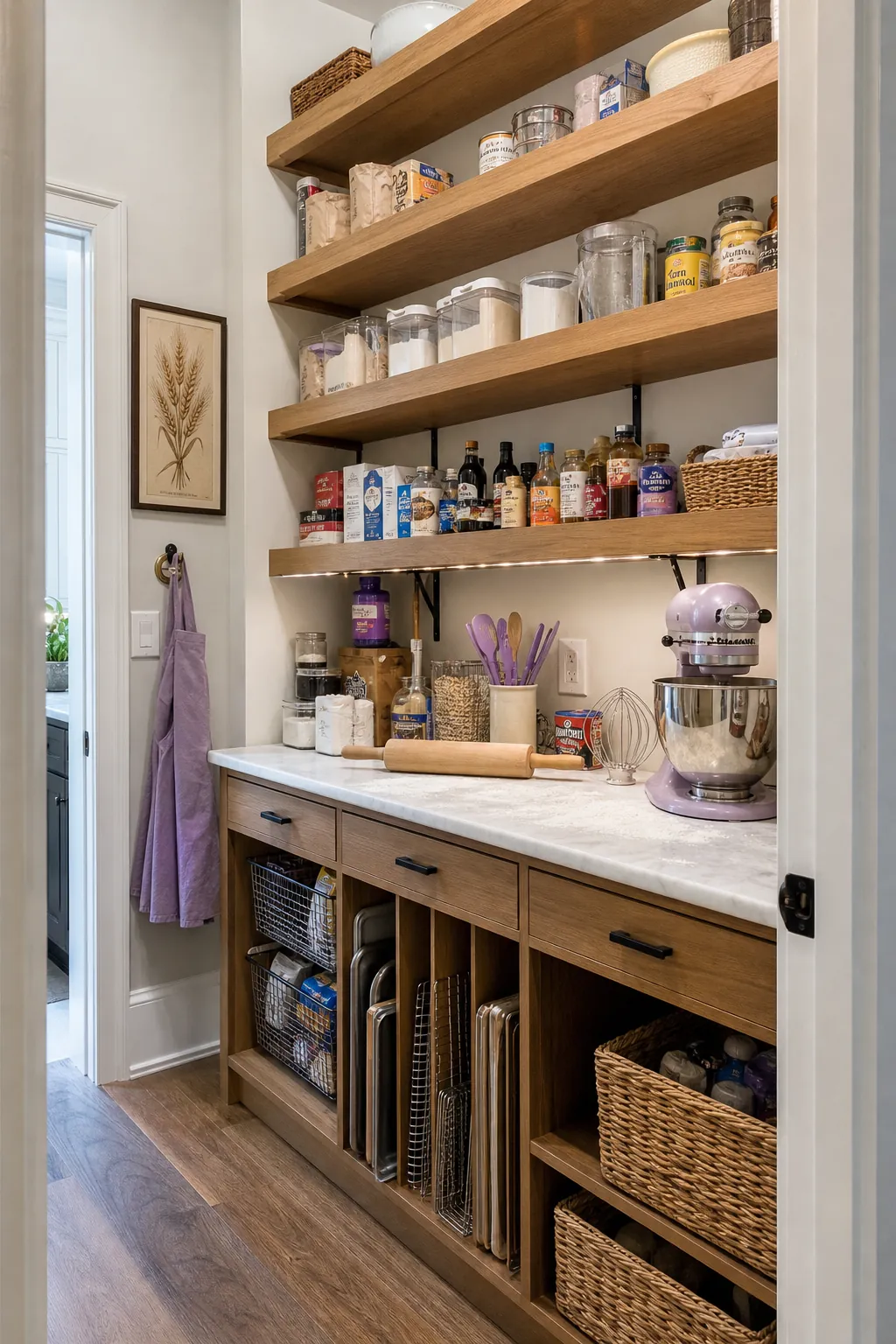 Dedicated baking supplies wall in an organized walk in pantry