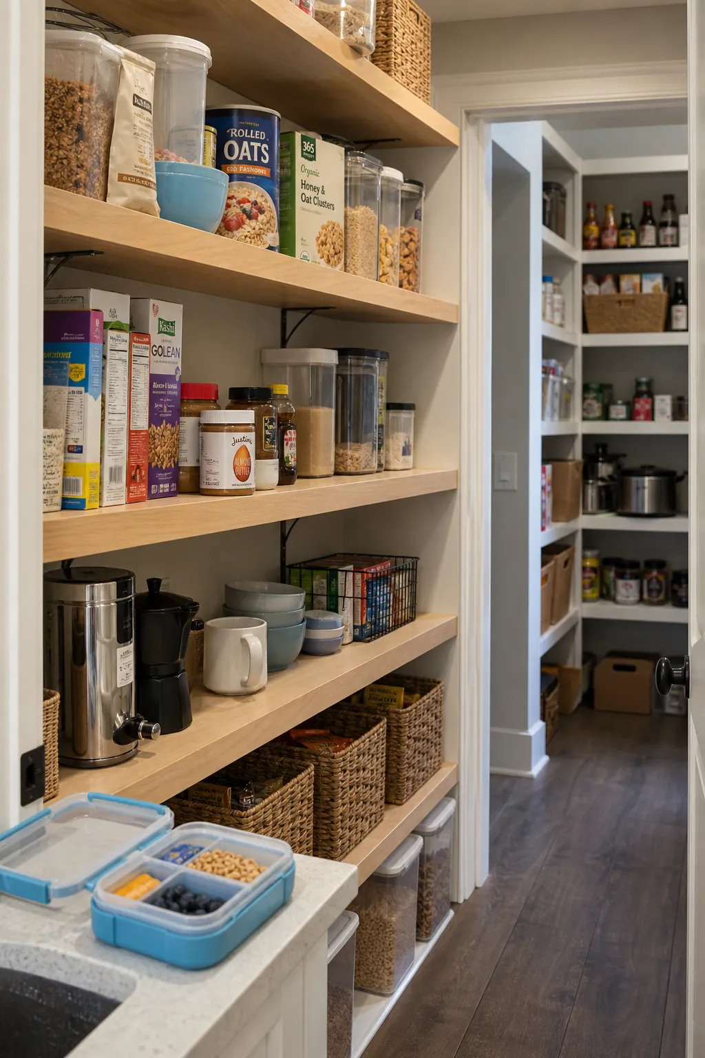 Practical breakfast shelf with cereal oats and coffee supplies