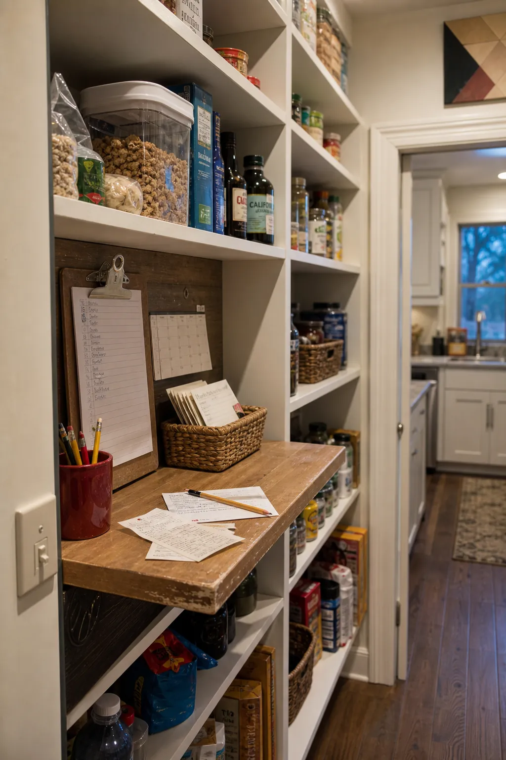 Walk in pantry meal planning station with a simple grocery list