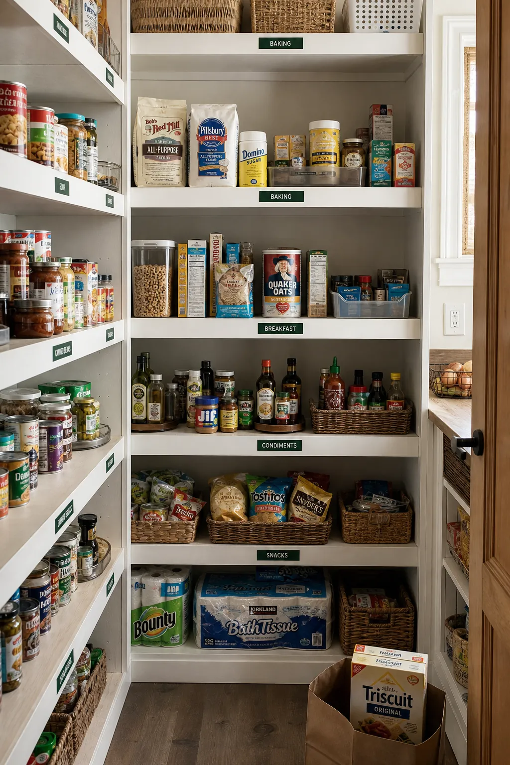 Simple category labels guiding an organized walk in pantry