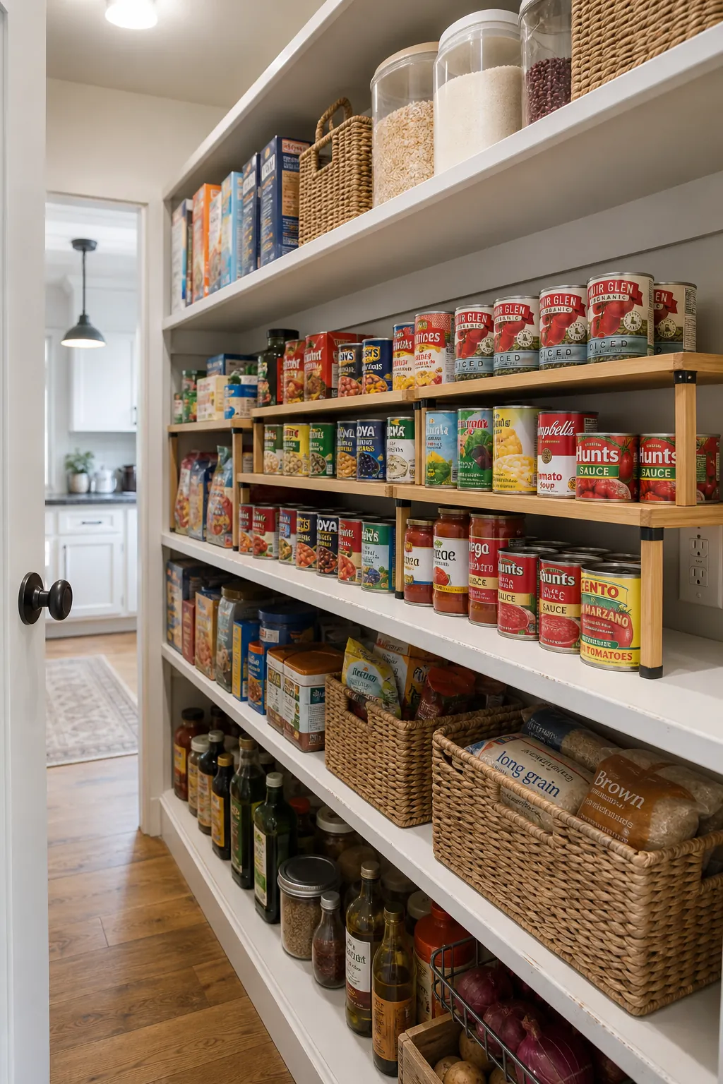 Tiered can risers improving visibility on pantry shelves