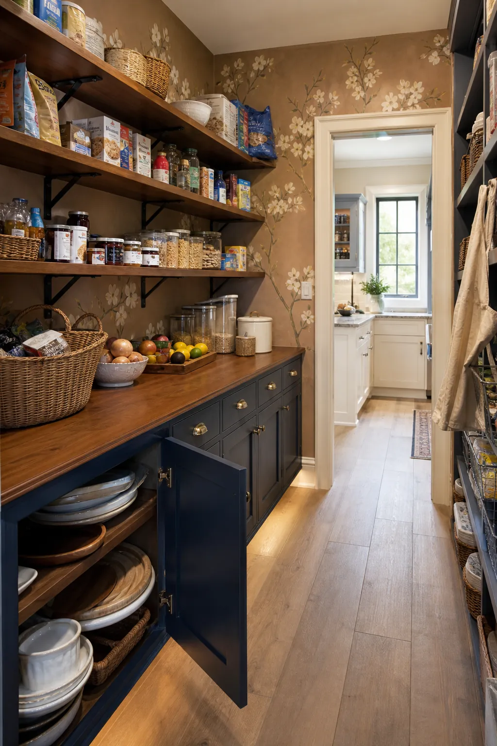 Walk in pantry combining open shelves and closed lower cabinets