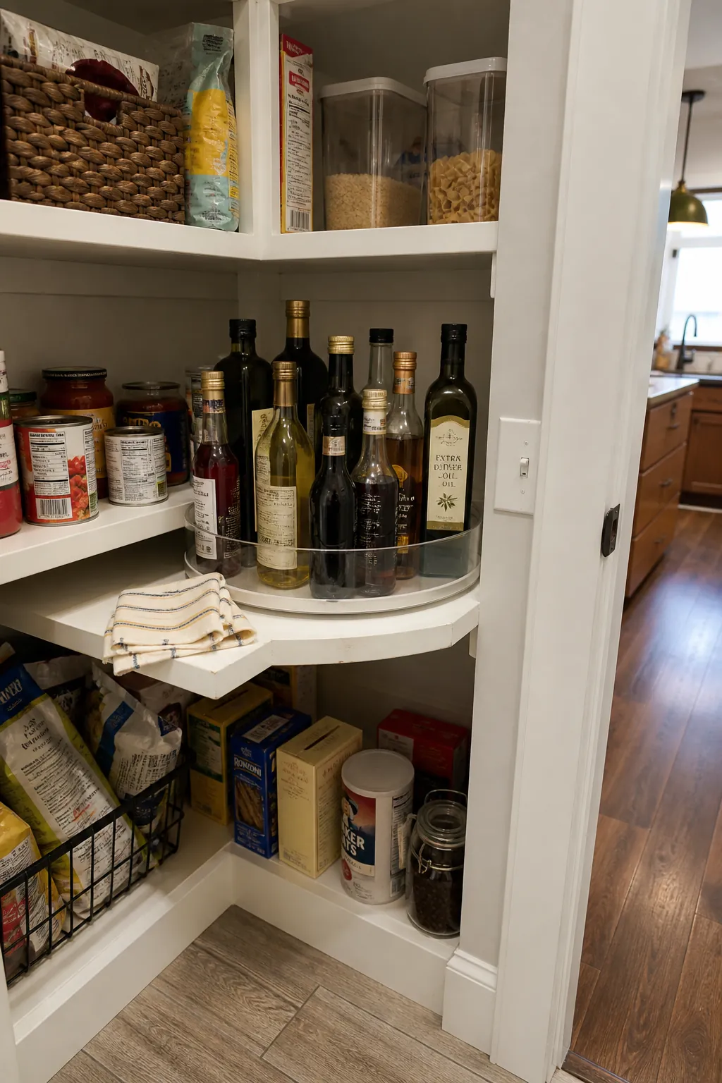 Pantry turntable organizing bottles oils and condiments