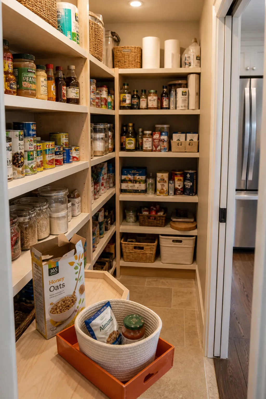 Calm practical walk in pantry with a simple weekly reset basket