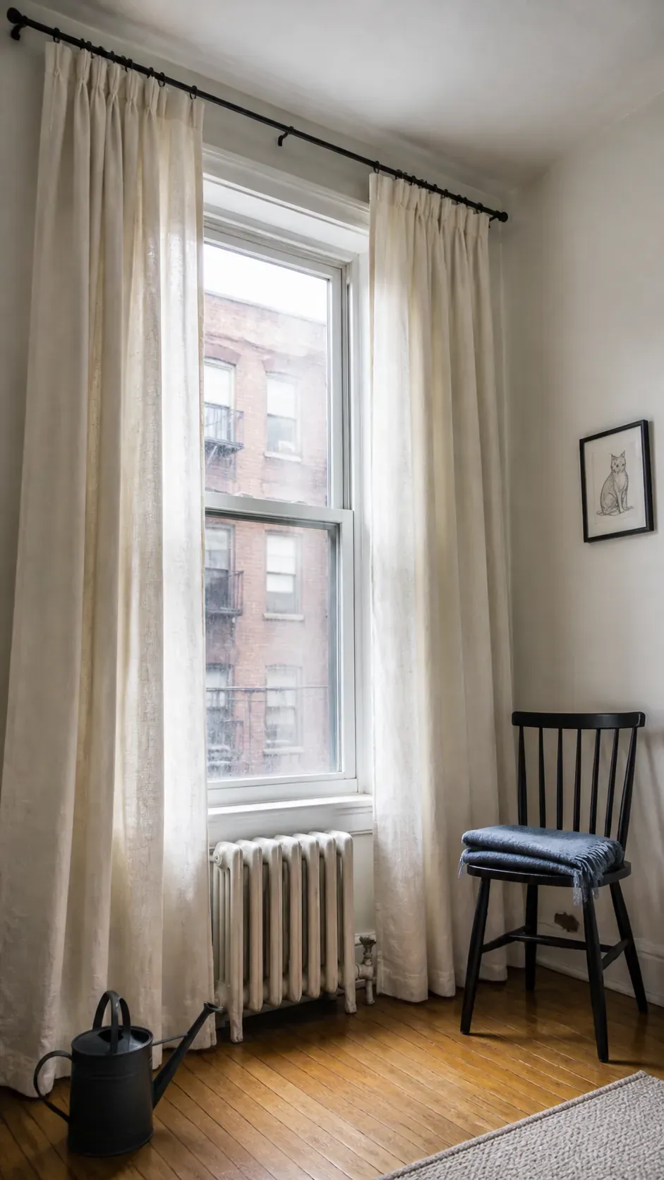 High wide linen curtains making a small apartment window feel larger