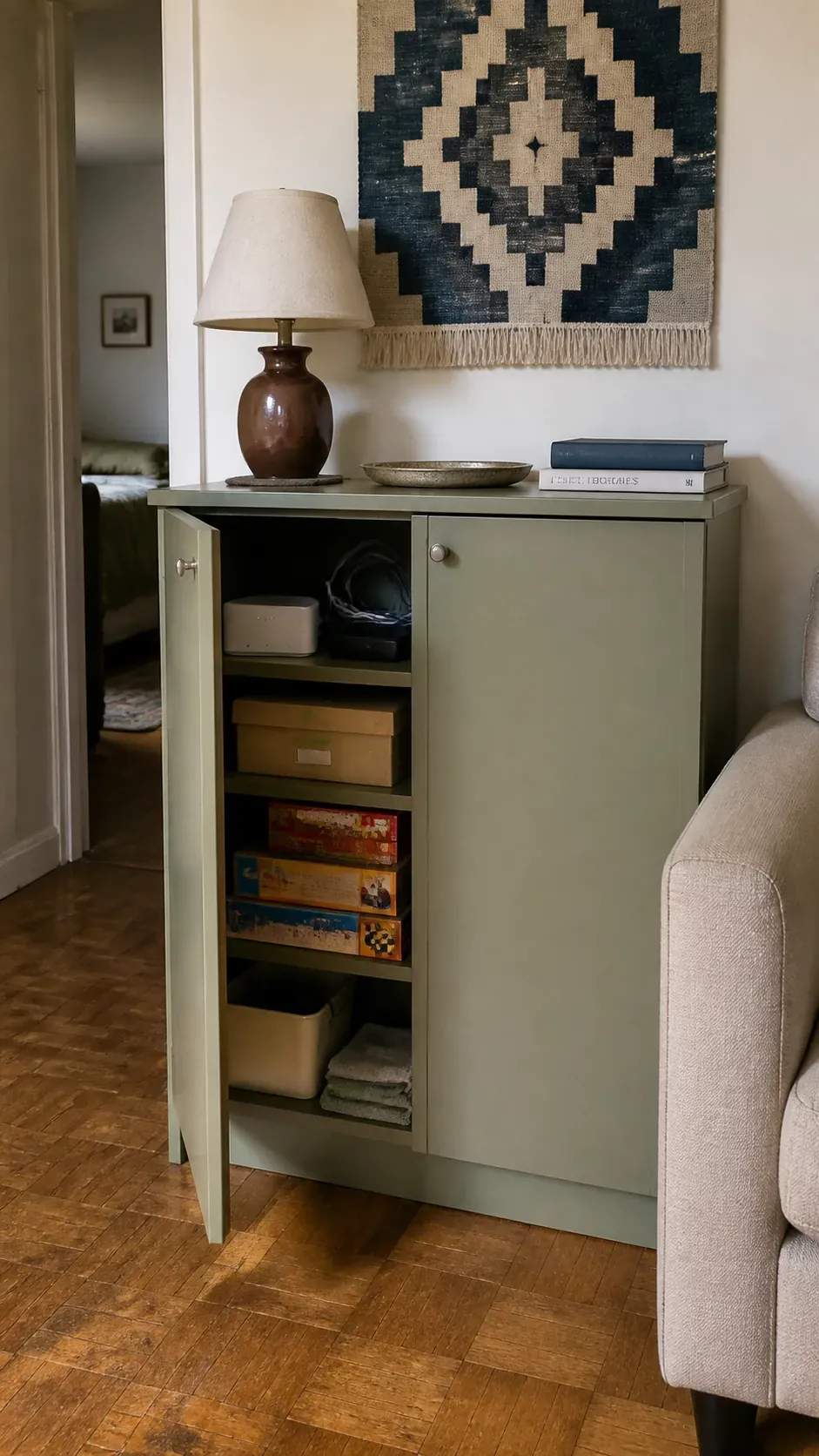 Shallow closed storage cabinet reducing visual clutter in a tiny living room