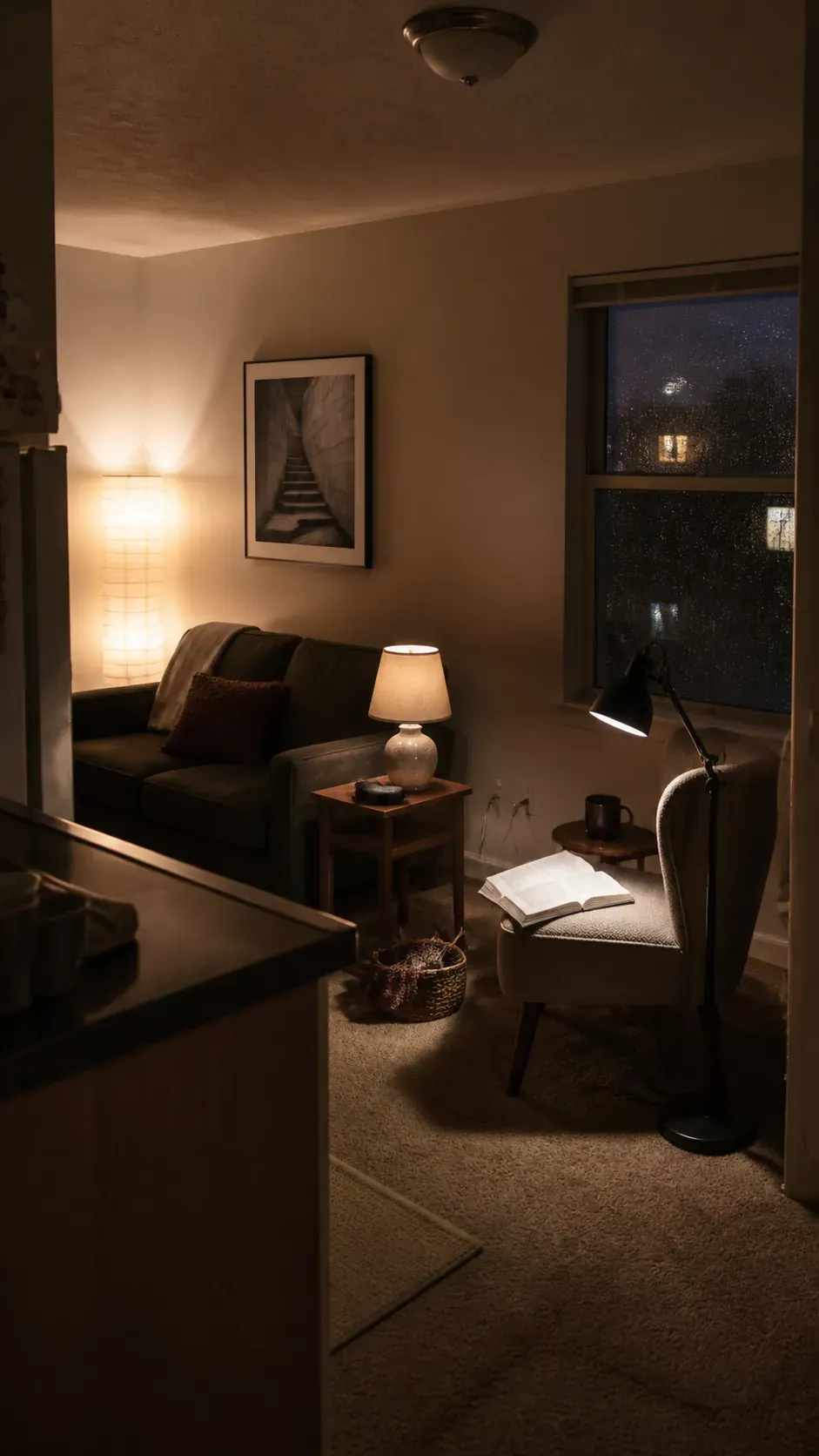 Layered floor table and reading lights in a cozy small apartment