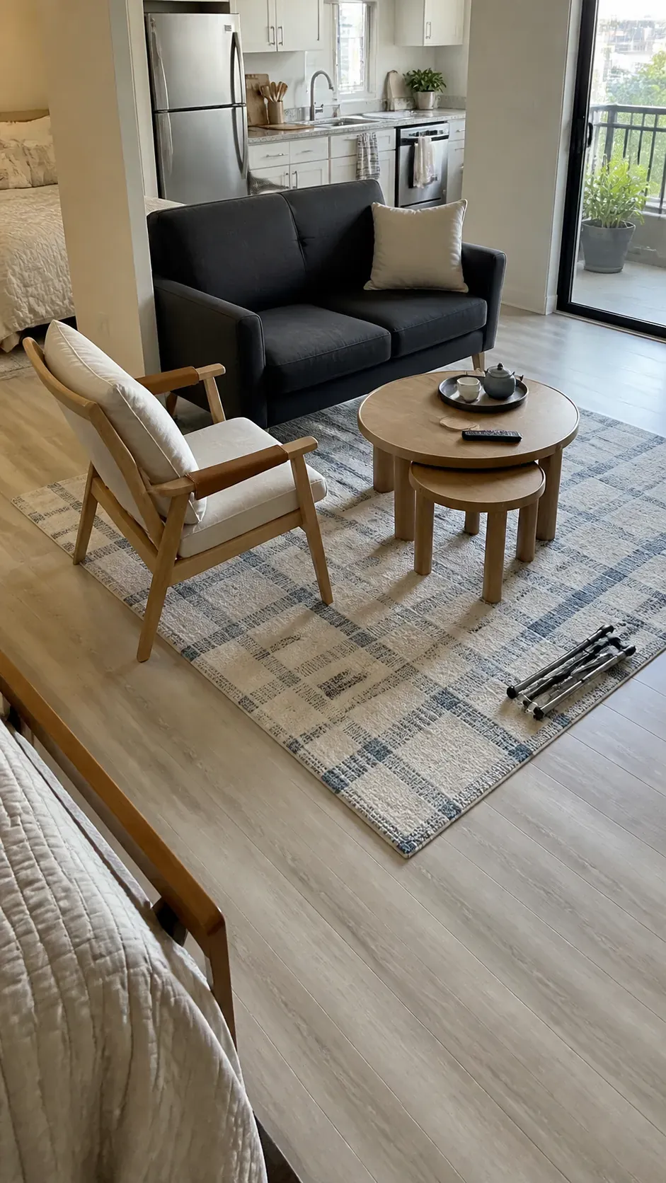 Area rug defining a compact studio apartment living zone
