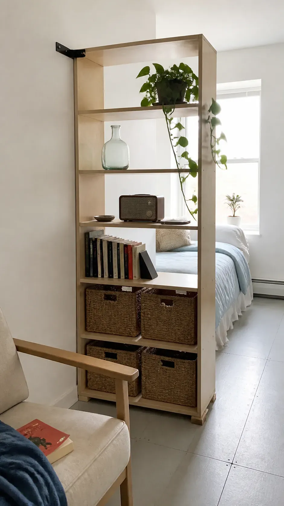 Open bookcase separating sleep and living zones in a studio apartment