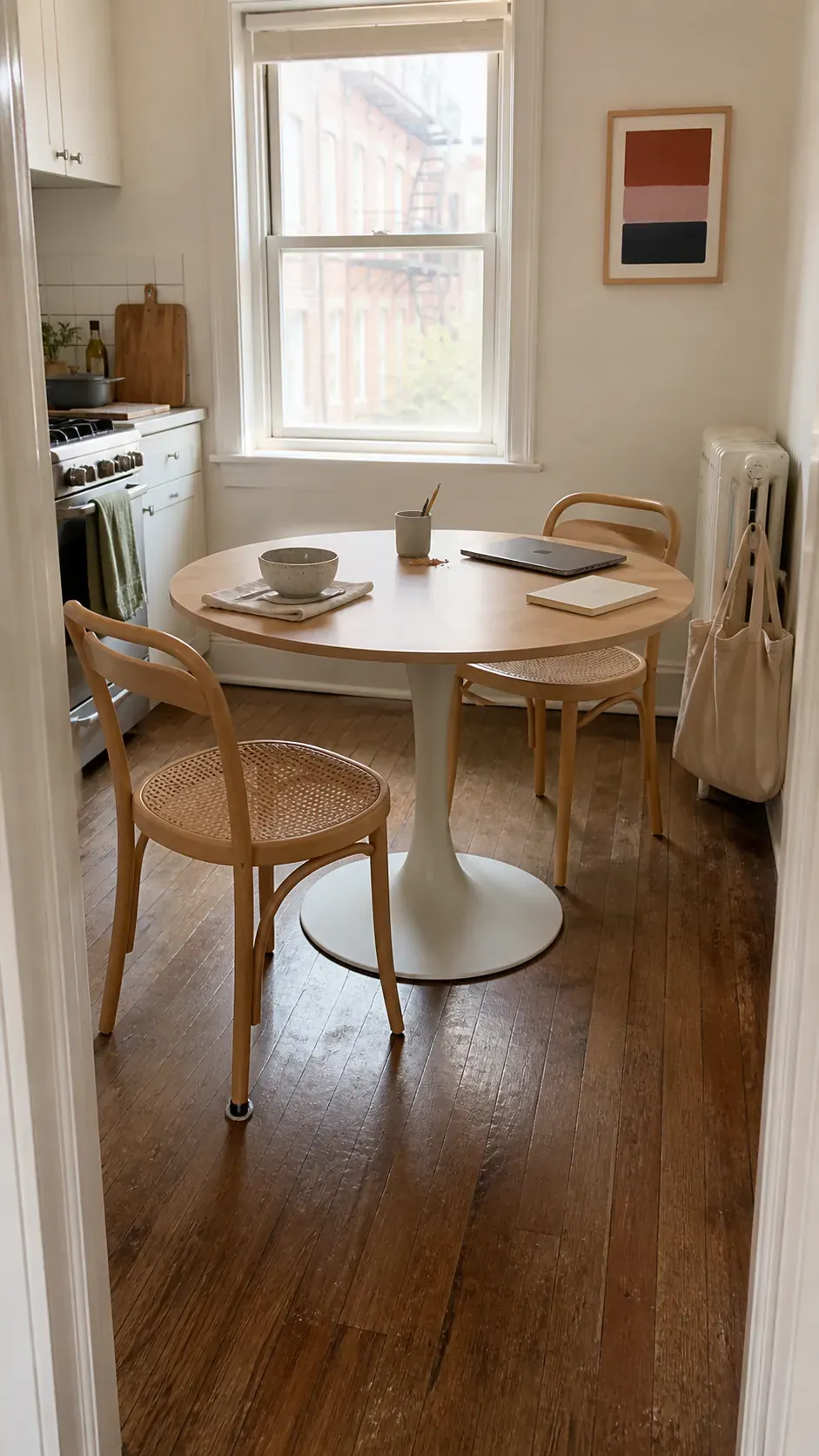 Round pedestal dining table fitting a compact apartment corner