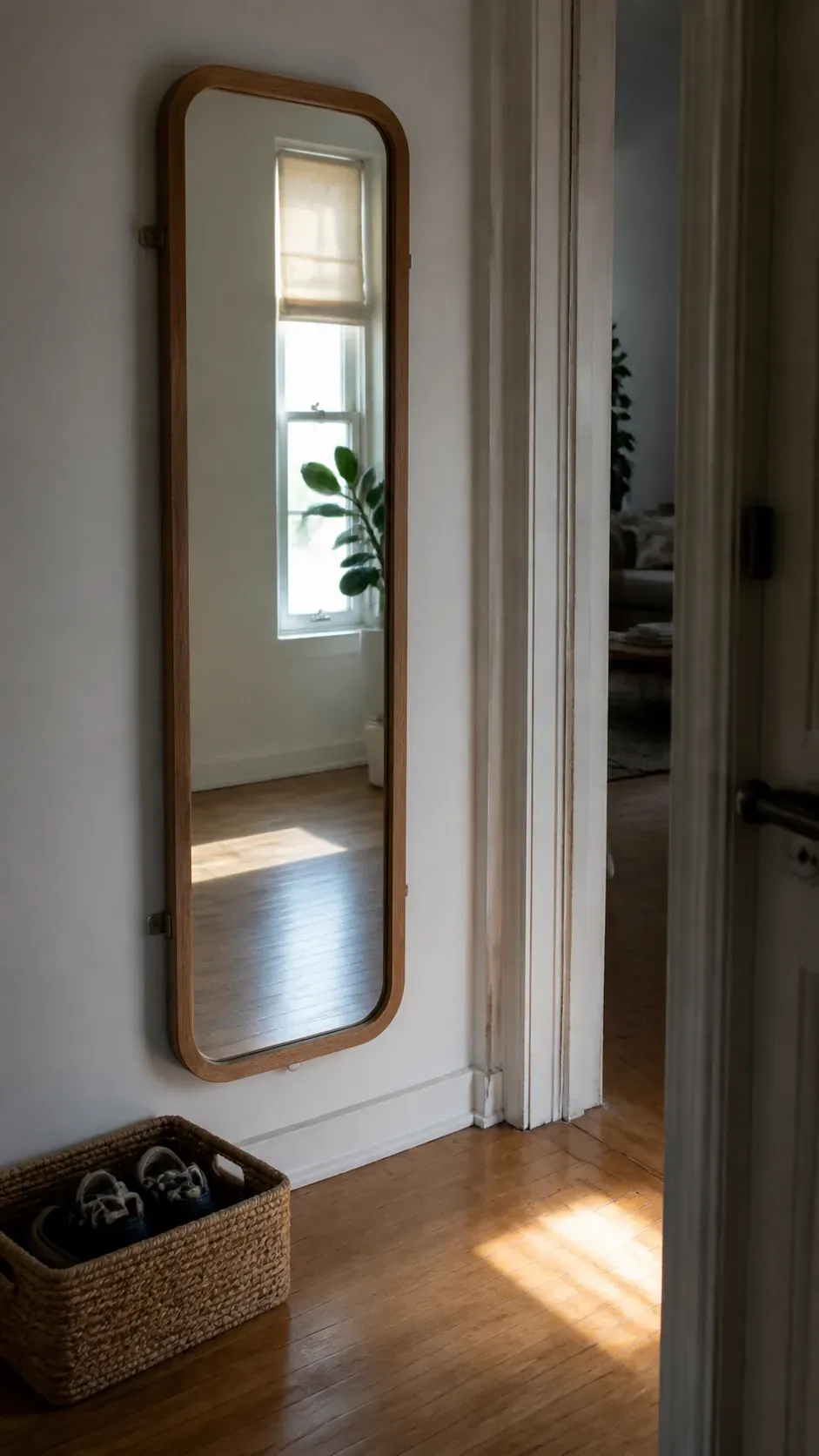 Tall mirror reflecting window light through a small apartment