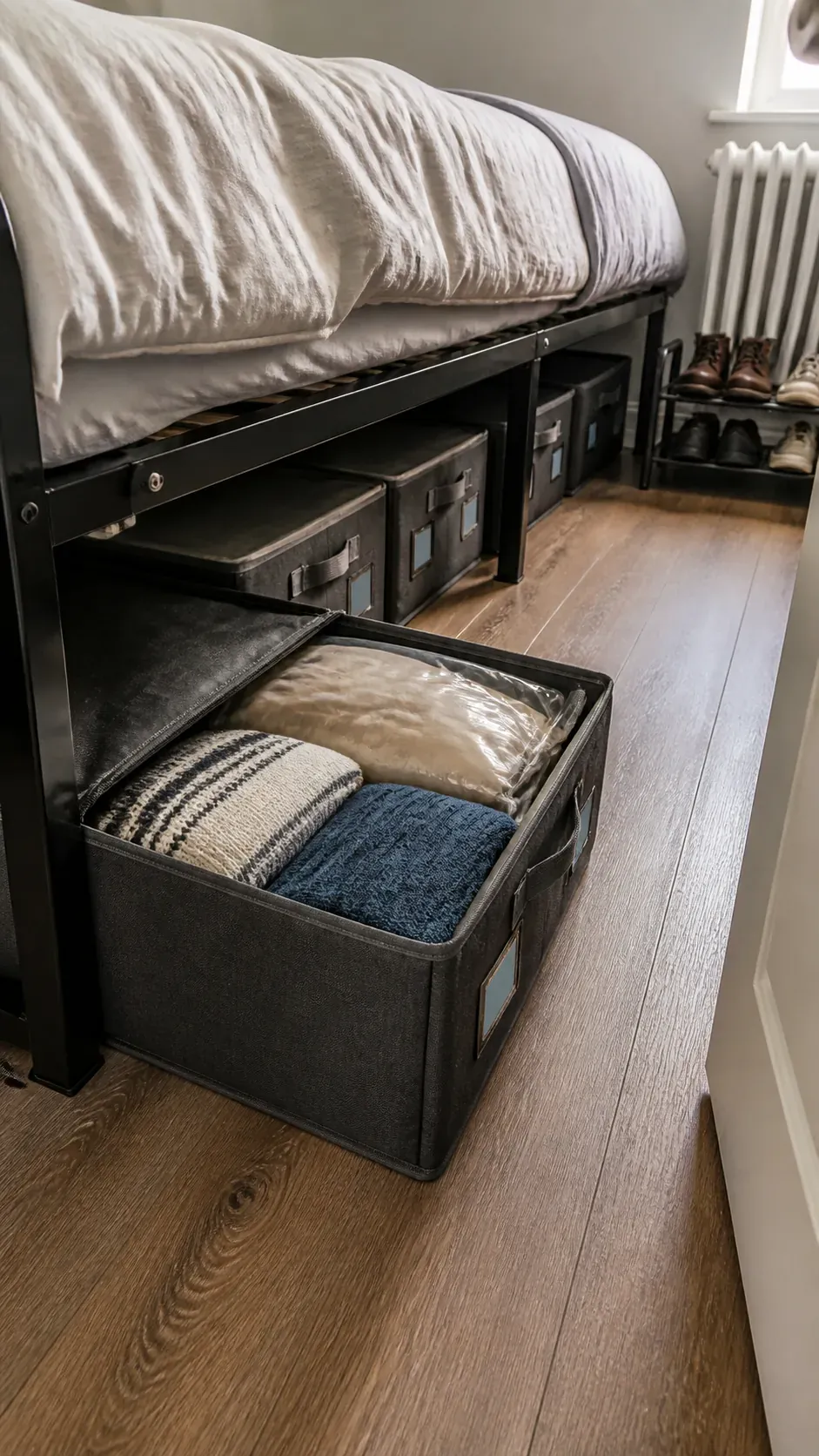 Labeled low storage bins organized beneath an apartment bed