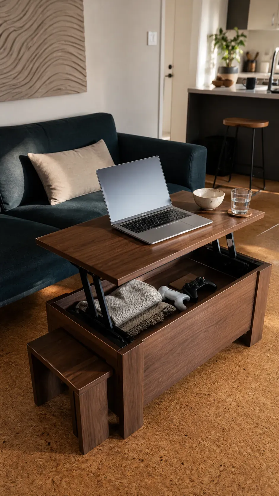 Lift top coffee table used as a practical work surface in a small apartment