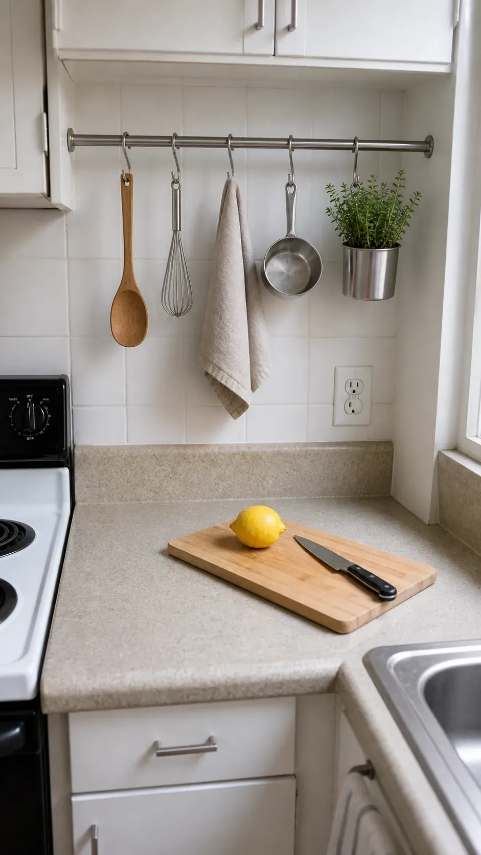 Renter friendly kitchen rail organizing utensils above a compact counter