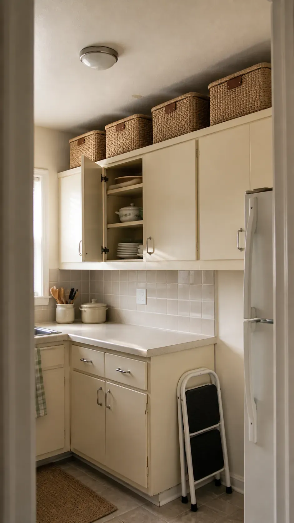 Matching baskets creating tidy storage above small apartment kitchen cabinets
