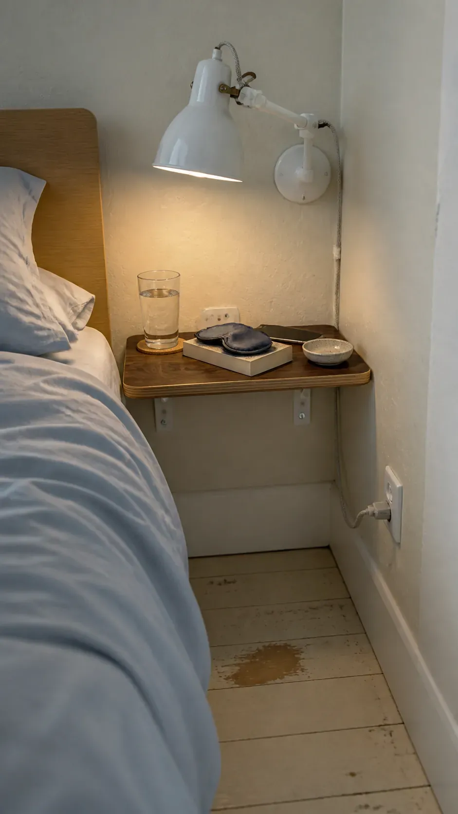 Floating bedside shelf and plug in sconce in a small bedroom