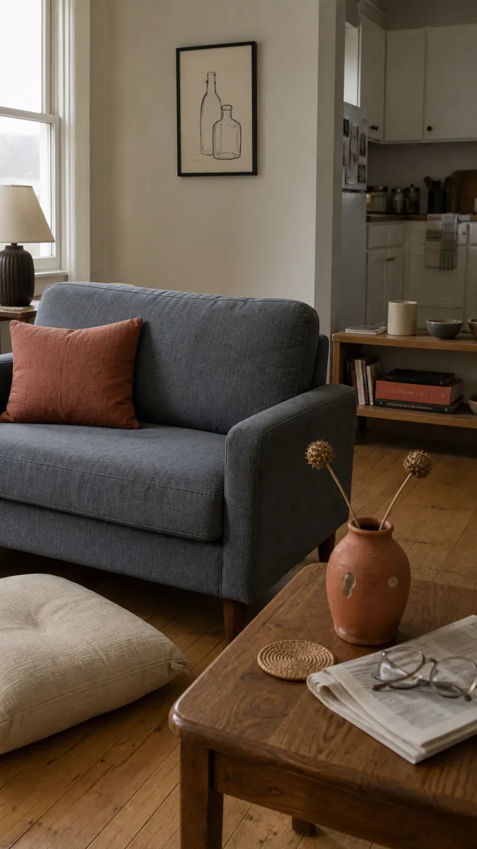 Terracotta accent color repeated through a cozy small apartment room