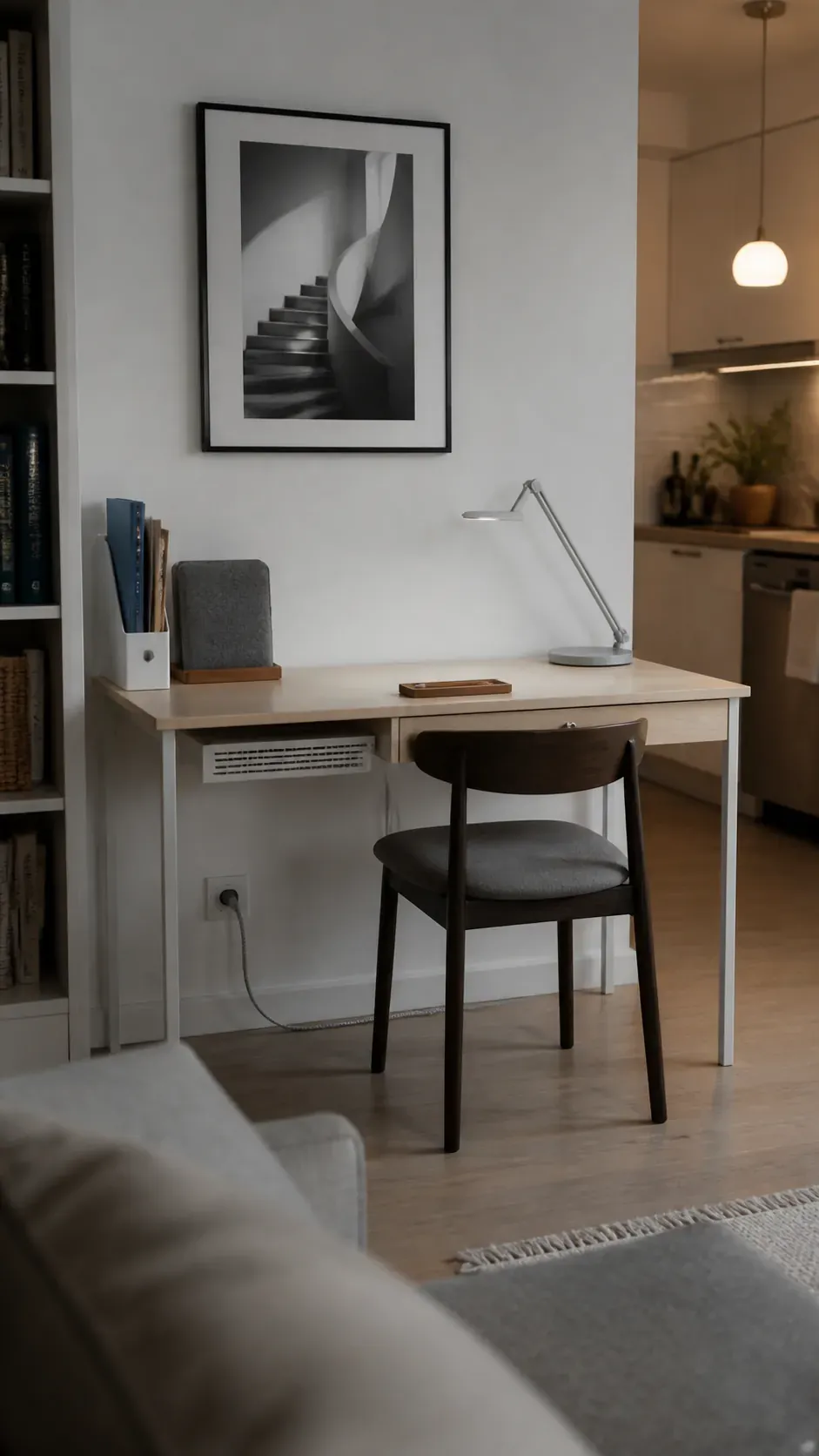 Tidy compact home office desk with concealed cables and vertical files