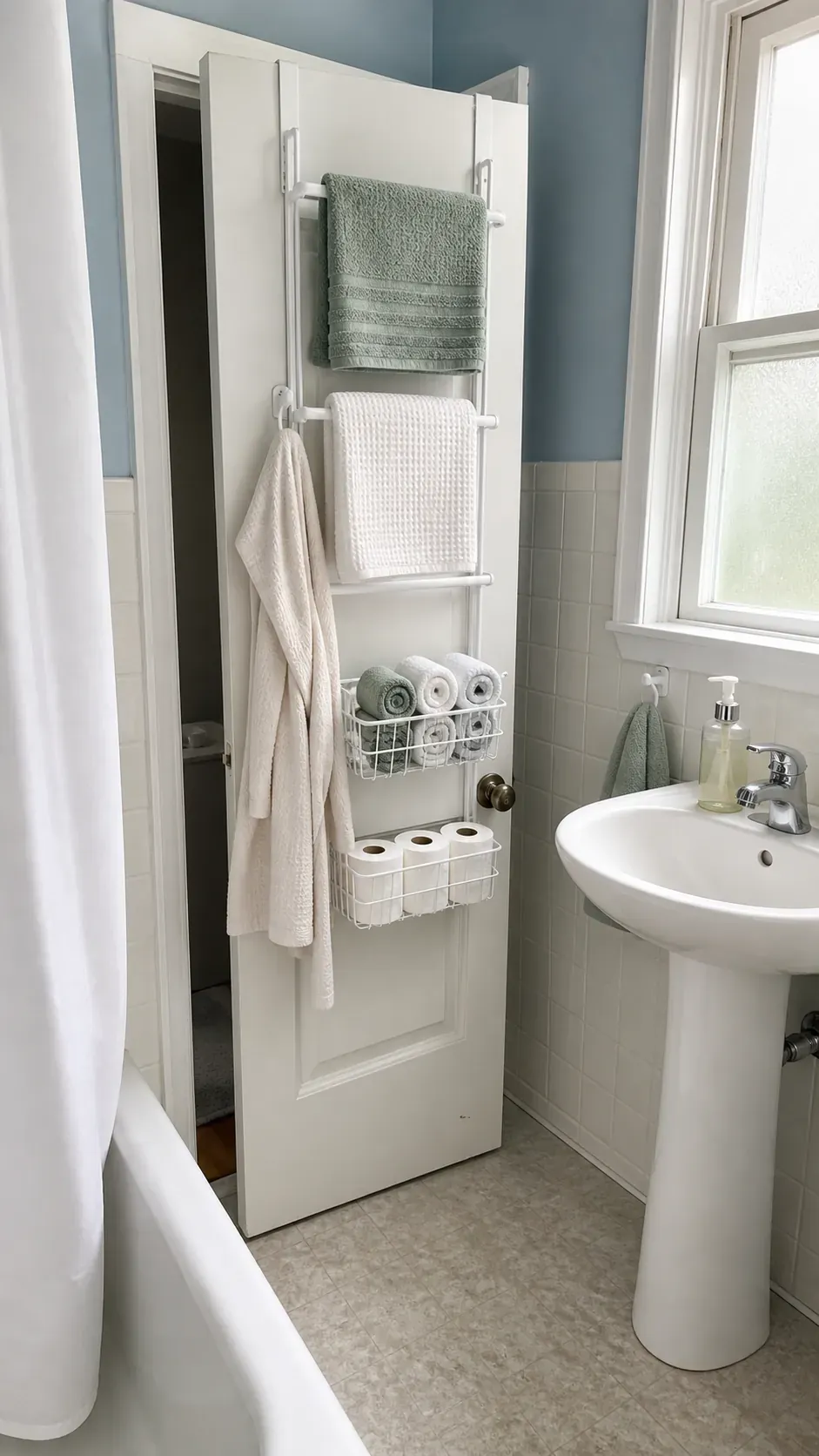 Over door rack organizing towels in a tiny apartment bathroom