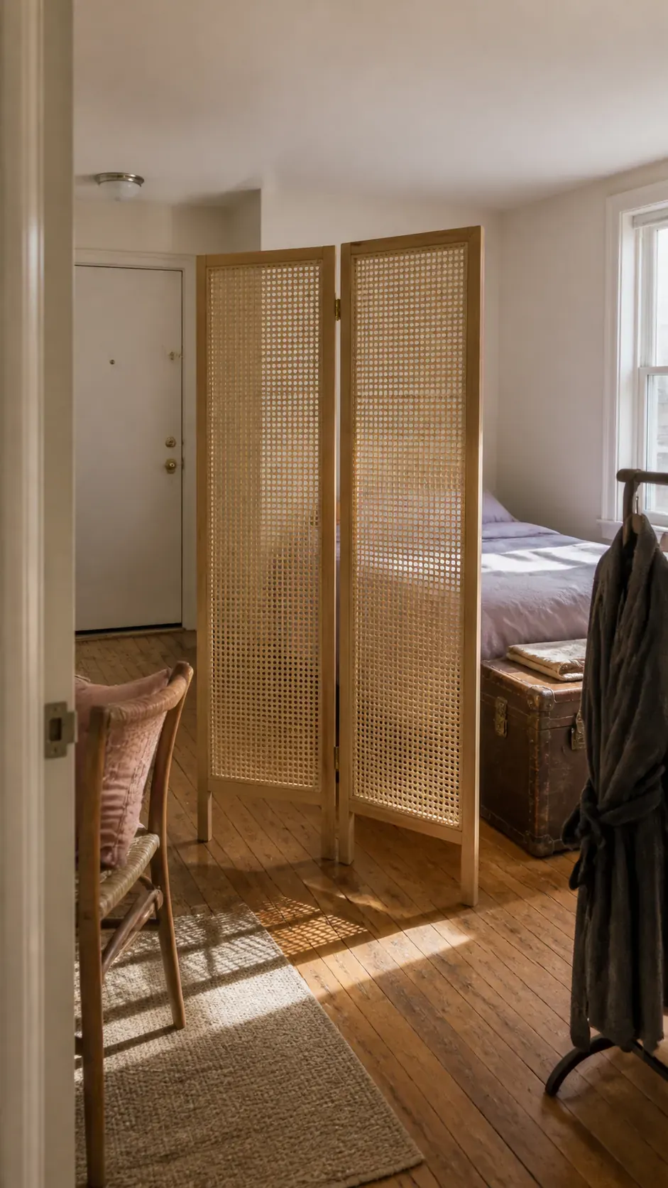 Light woven folding screen creating flexible privacy in a studio