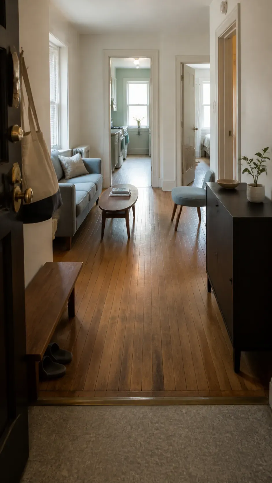 Clear main walkway connecting zones in a very small apartment
