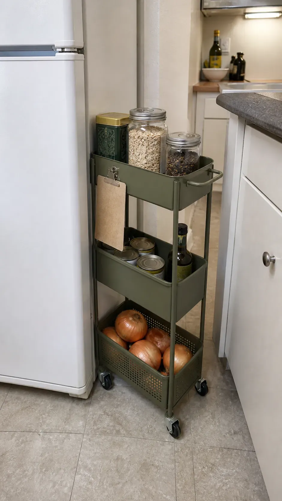 Narrow rolling cart used for organized apartment pantry storage