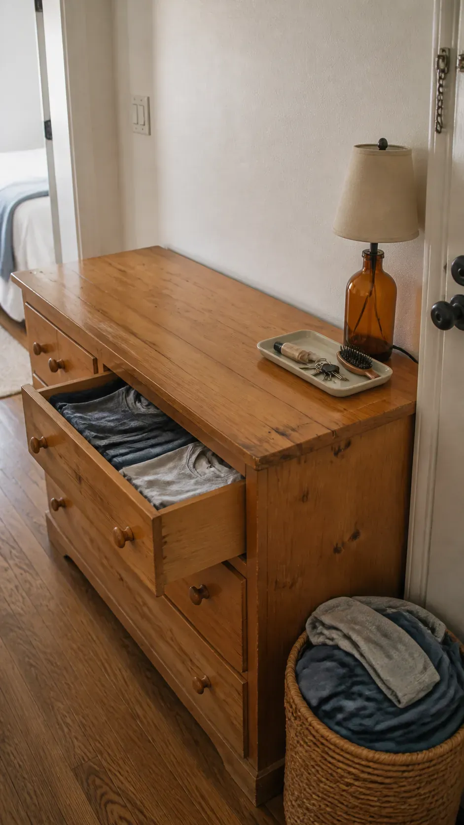Calm small apartment with one intentionally empty wood surface