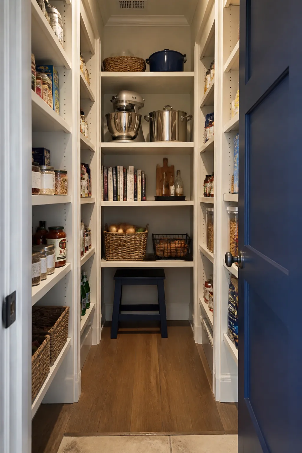 Narrow walk in pantry showing put deep storage on the back wall