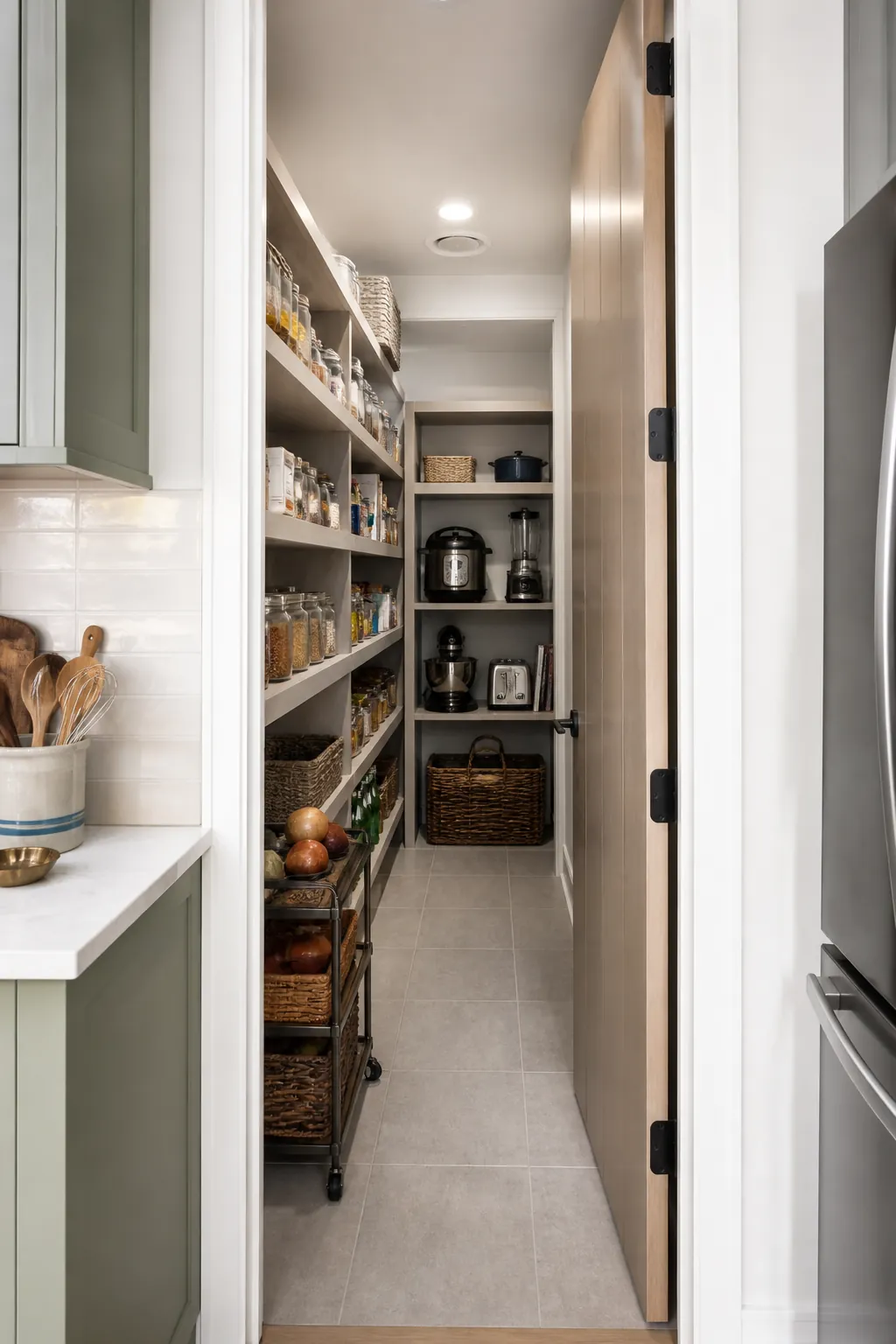 Narrow walk in pantry with shallow shelves and a clear central aisle