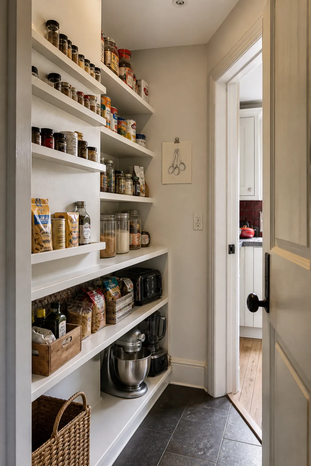 Narrow walk in pantry showing vary shelf depth by what it holds