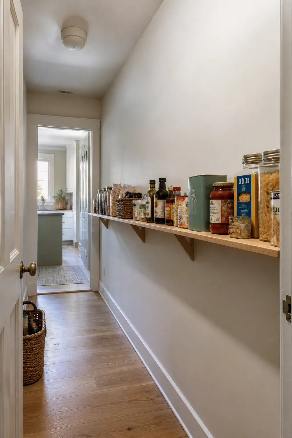 Narrow walk in pantry showing choose one shallow shelf wall