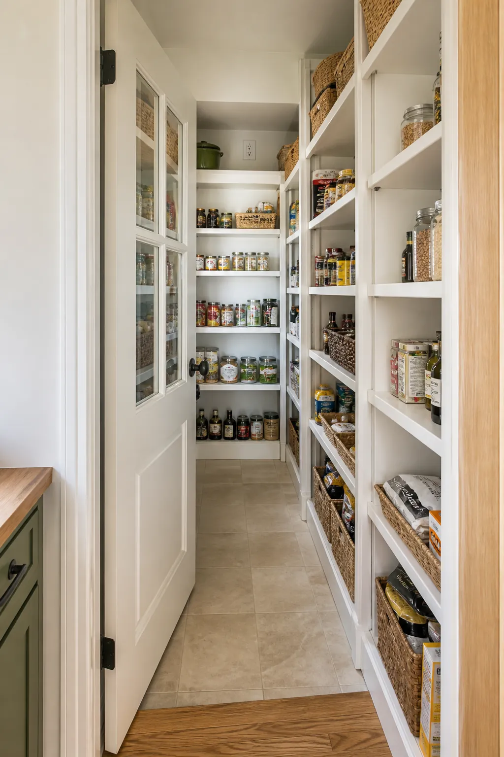 Narrow walk in pantry showing place the door on the long side