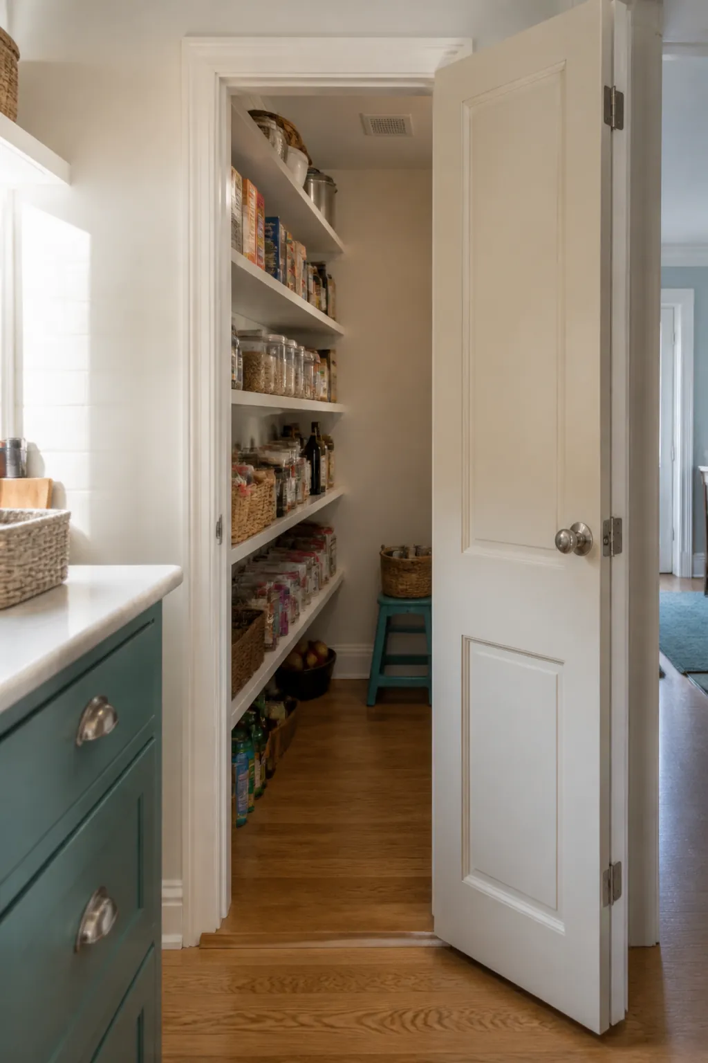 Narrow walk in pantry showing use an out-swing door