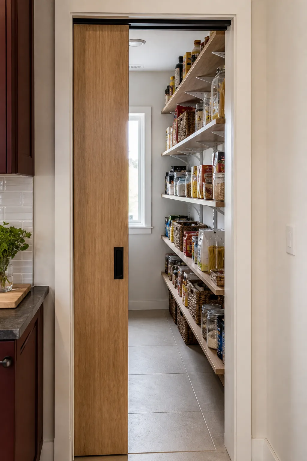 Narrow walk in pantry showing consider a pocket door carefully