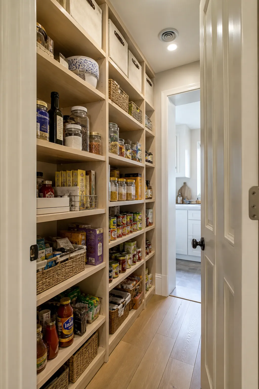 Narrow walk in pantry showing run storage to the ceiling