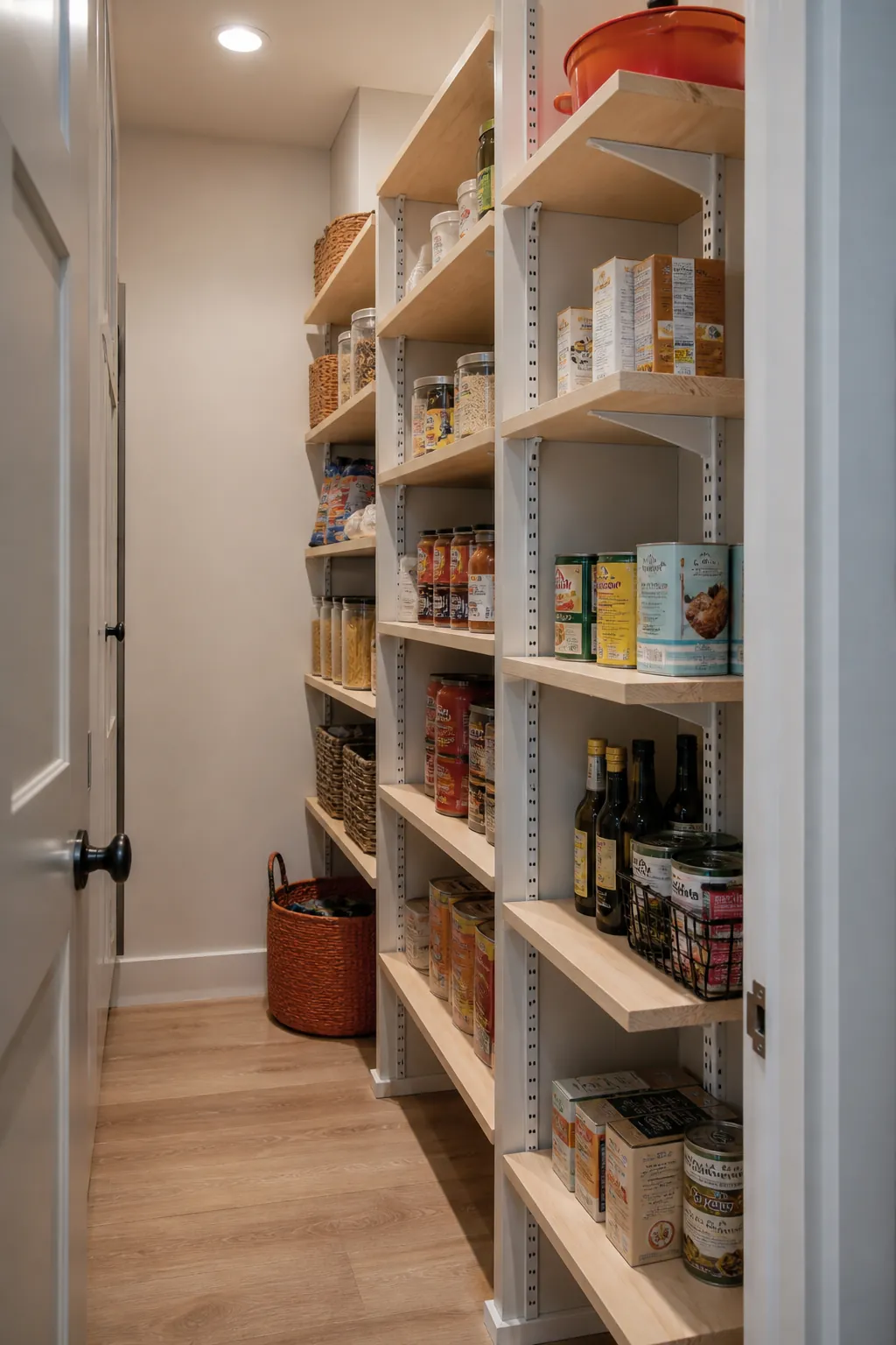 Narrow walk in pantry showing make every shelf adjustable