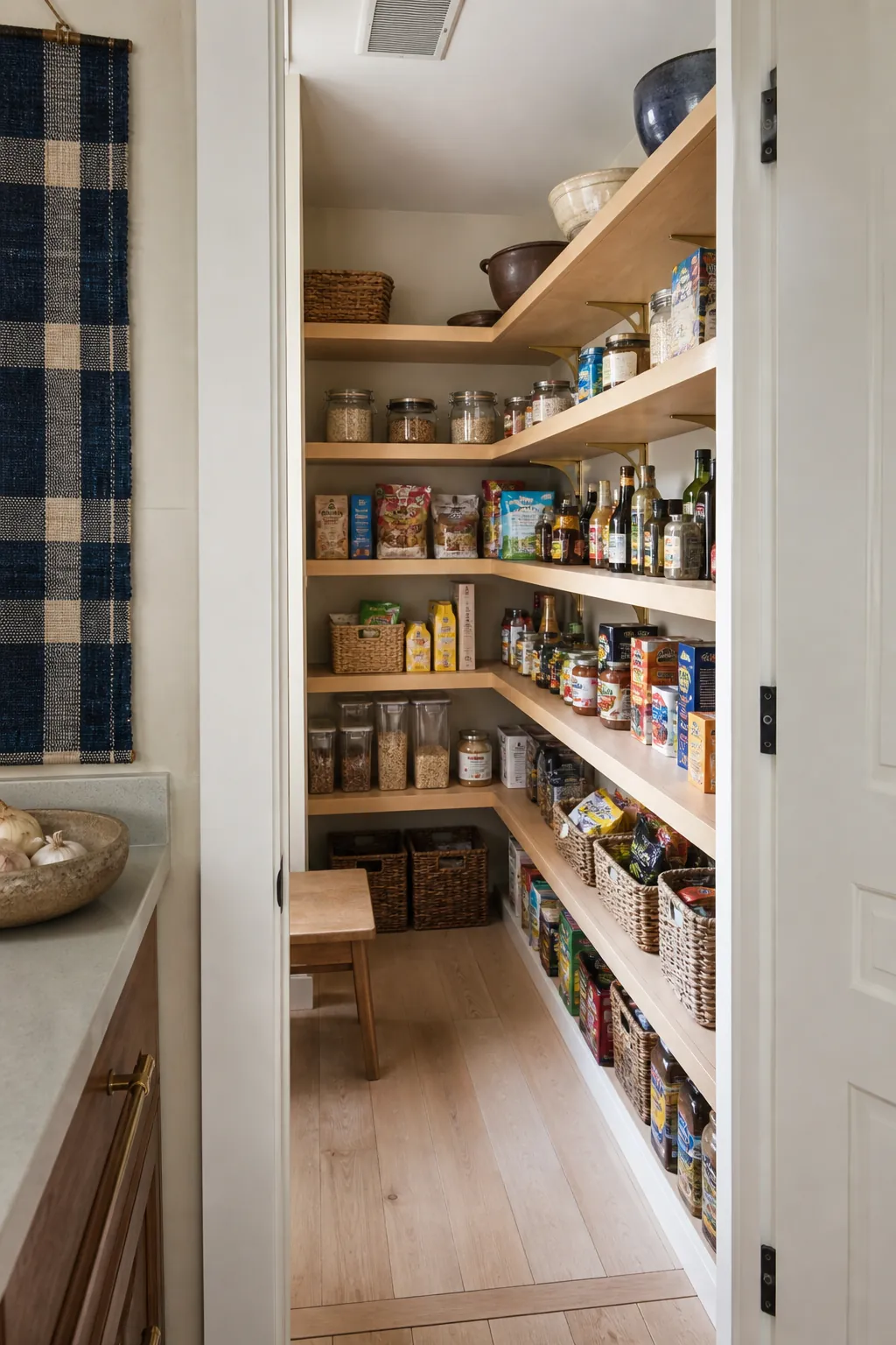 Narrow walk in pantry showing wrap an open l-shaped corner