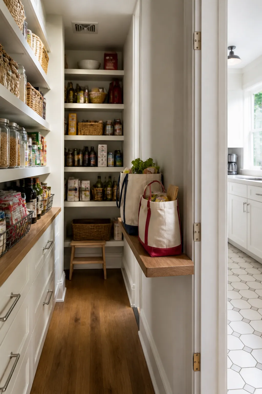 Narrow walk in pantry showing add a slim grocery landing