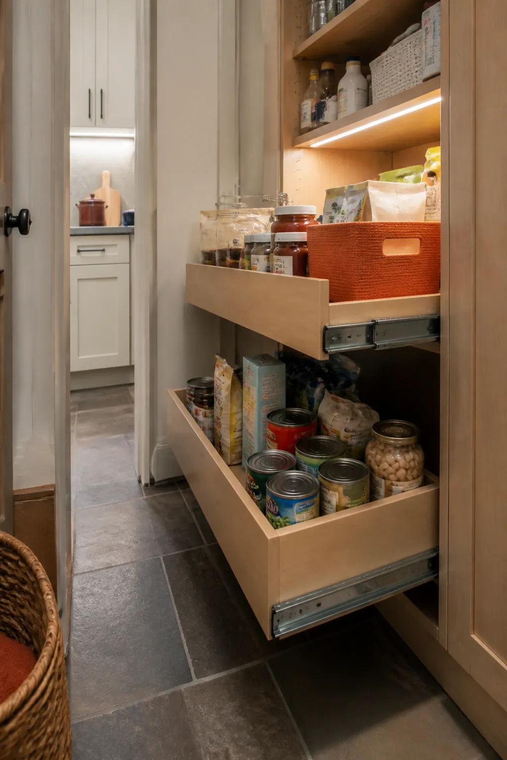 Narrow walk in pantry showing use pull-outs in existing deep cabinets