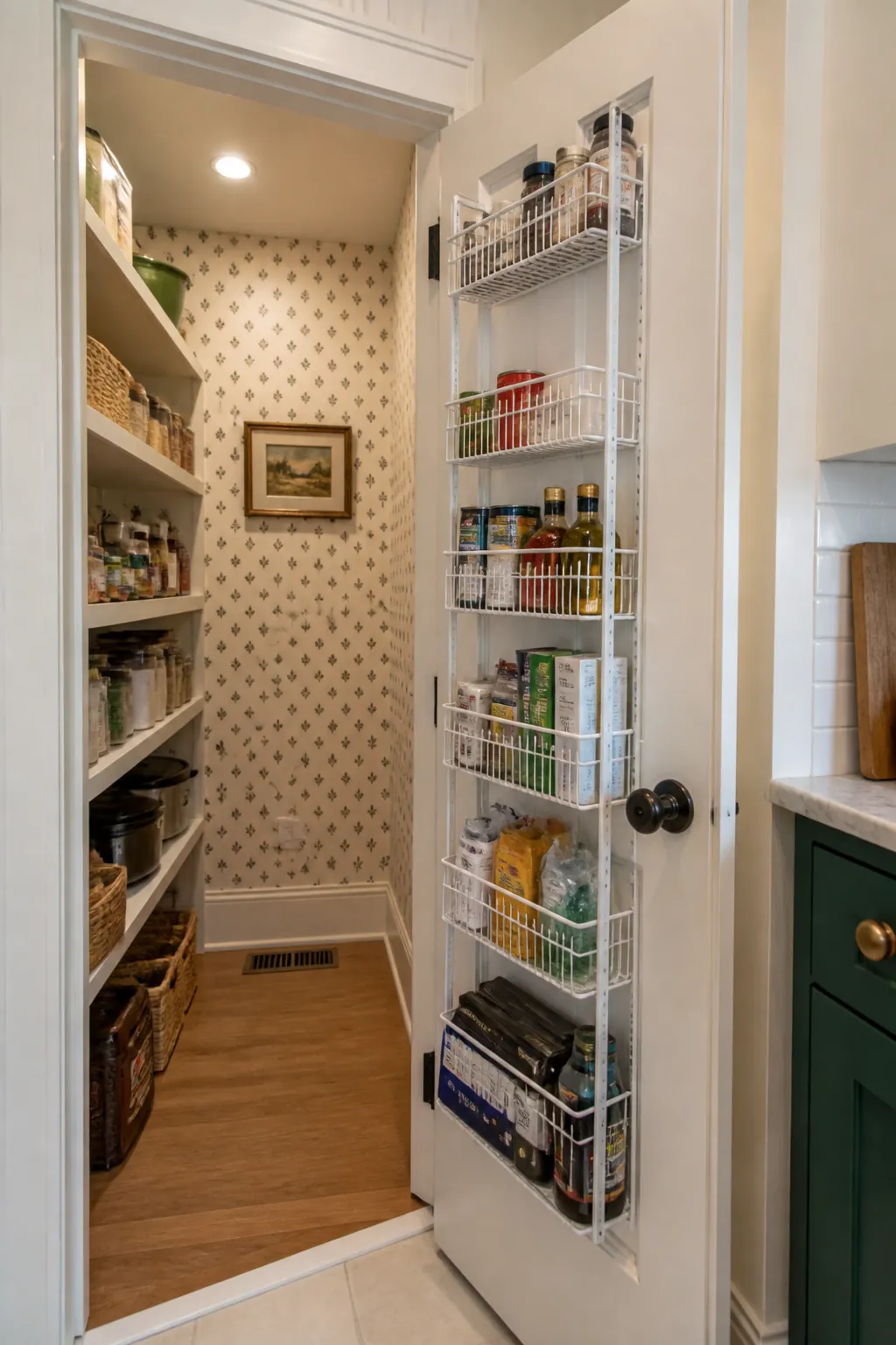 Narrow walk in pantry showing capture the door with a shallow rack